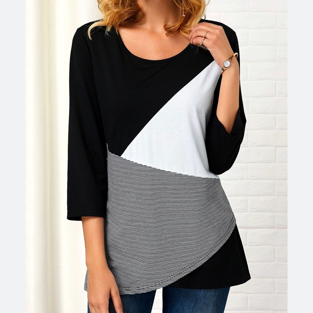 Asymmetric 3/4 Sleeve Round Neck Top, 4XL